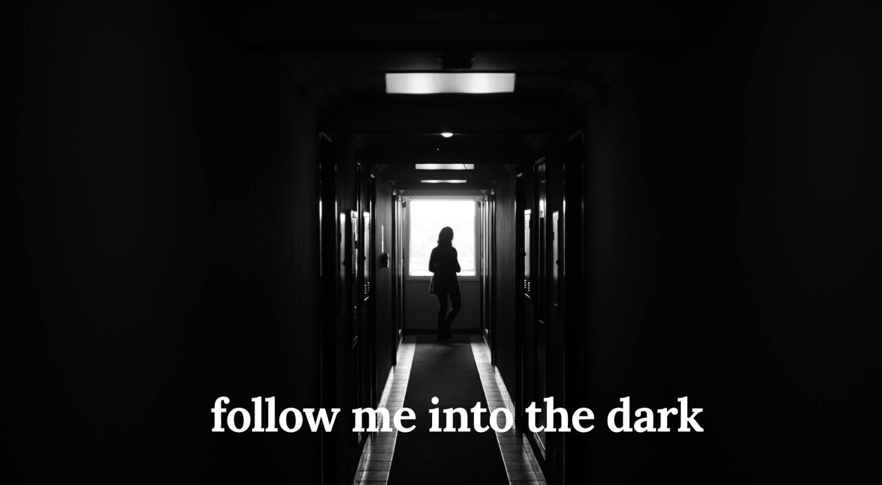 Silhouette standing at the end of a dark corridor with text 'follow me into the dark'