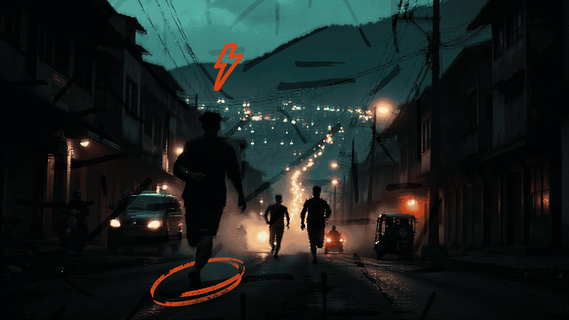 Silhouettes running down a dimly lit city street at night